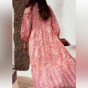 Zara Large Round collar pink midi dress with V-neck & elbow-length sleeves excel